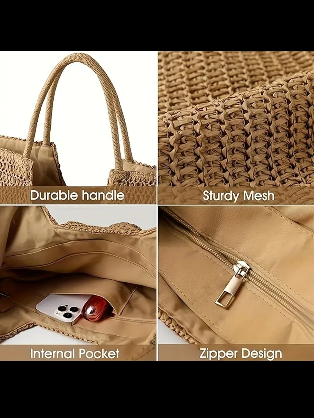 Khaki Woven Straw Tote Bag - Women's Summer Beach Tote - Picture 7 of 7